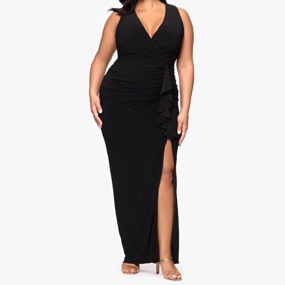 Betsy & Adam - Plus "Bobbi" Long Ruffled V-neck Gown - Picture 1 of 13